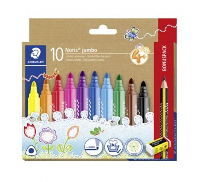 Filctoll készlet, grafitceruzával, radírral, 3 mm, háromszögletű, STAEDTLER "Noris® jumbo 328", 10+1 különböző szín
